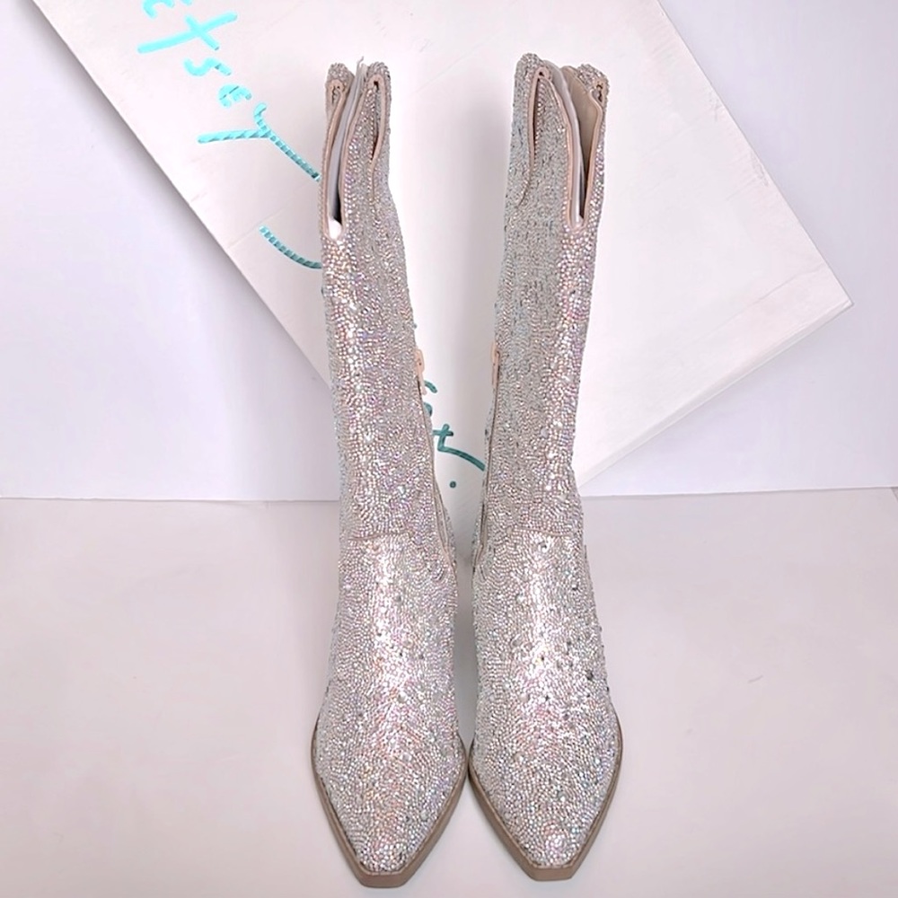 NWBox Betsey Johnson Silver Rhinestones half Zip Boots, size 6 - Picture 3 of 11